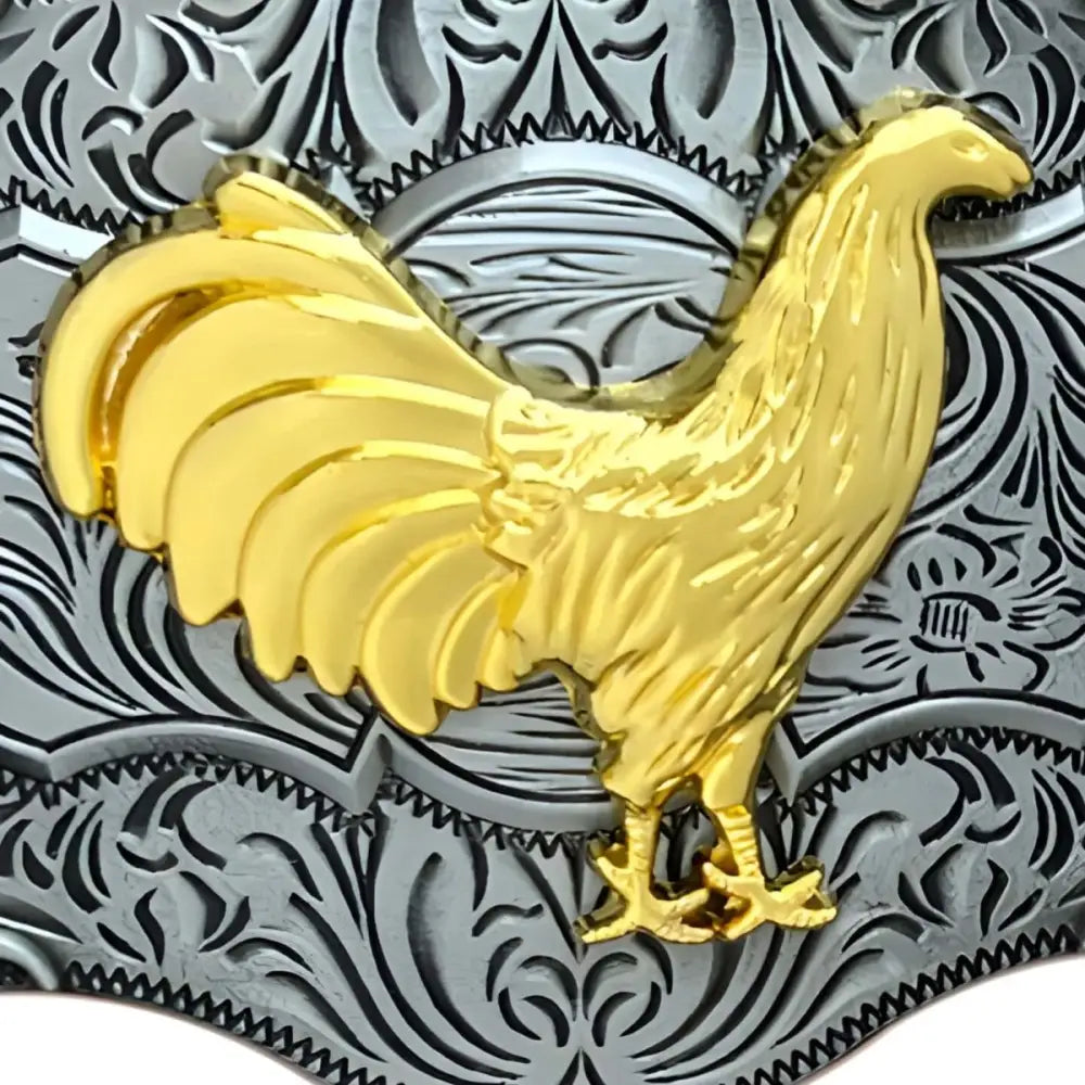 Ornate silver and gold rooster design on Morning Shine Belt Buckle, shines beautifully