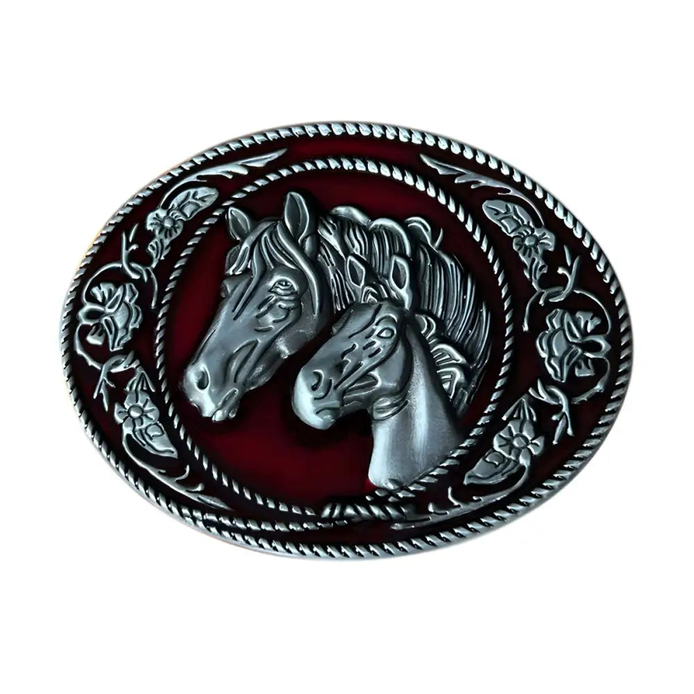 Silver horse heads oval belt buckle featuring detailed horse design for Western style