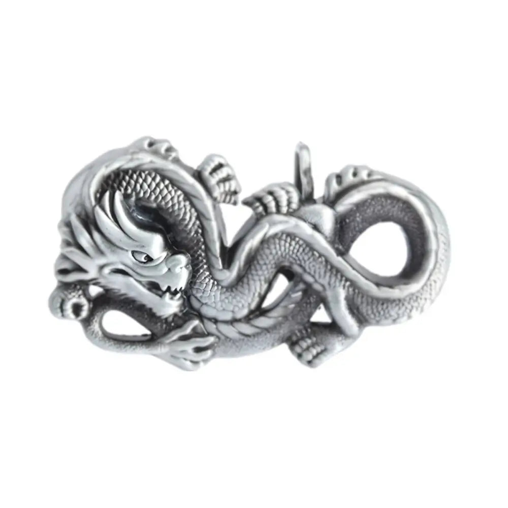 Silver dragon pendant attached to a stylish bronze belt buckle for a distinctive look