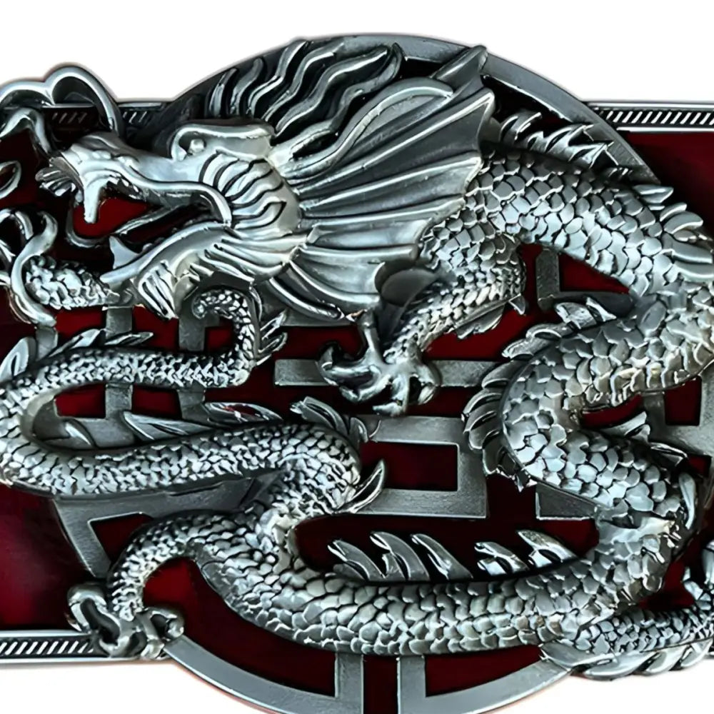Silver dragon belt buckle showcasing intricate detailing and ornate design craftsmanship