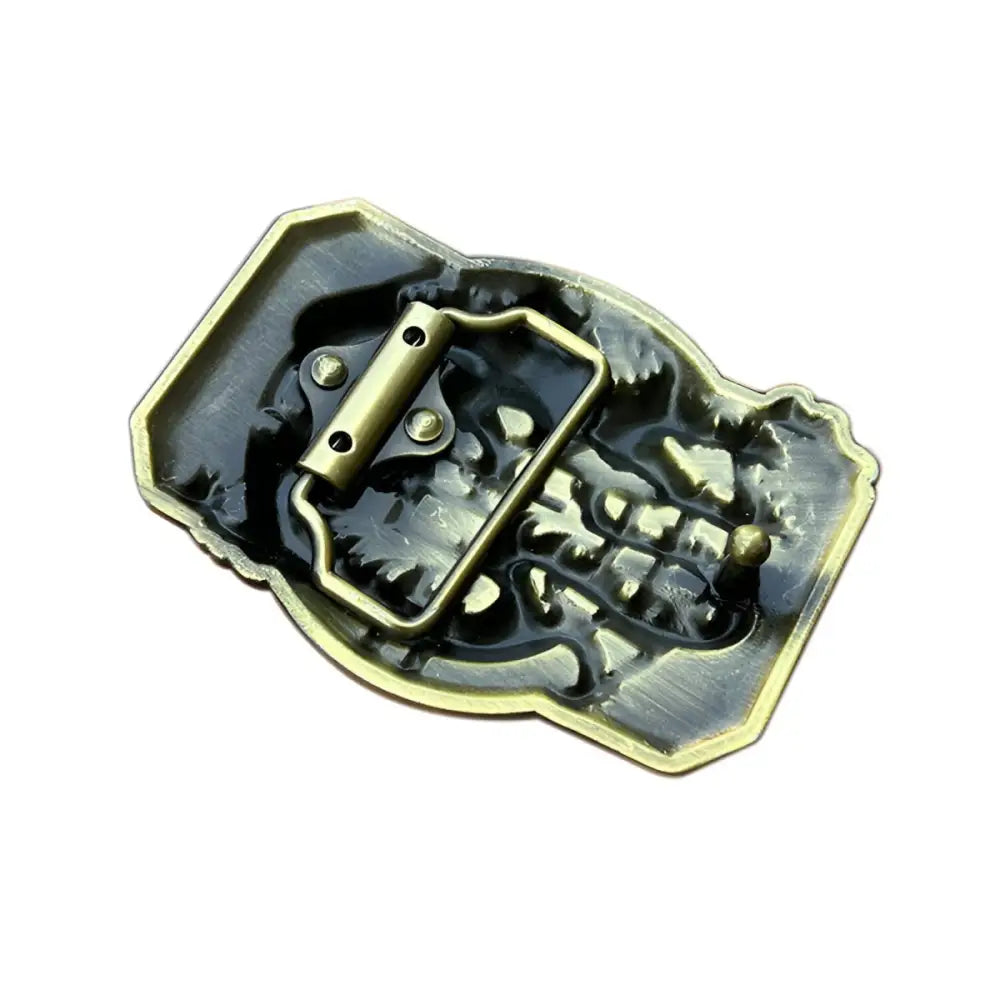 Metal skull belt buckle with intricate detailing on the Intricate Detailing Golden Dragon Belt Buckle