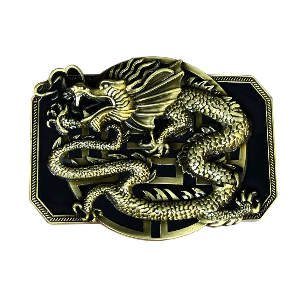 Ornate Golden Dragon Belt Buckle featuring intricate detailing for a luxurious accessory