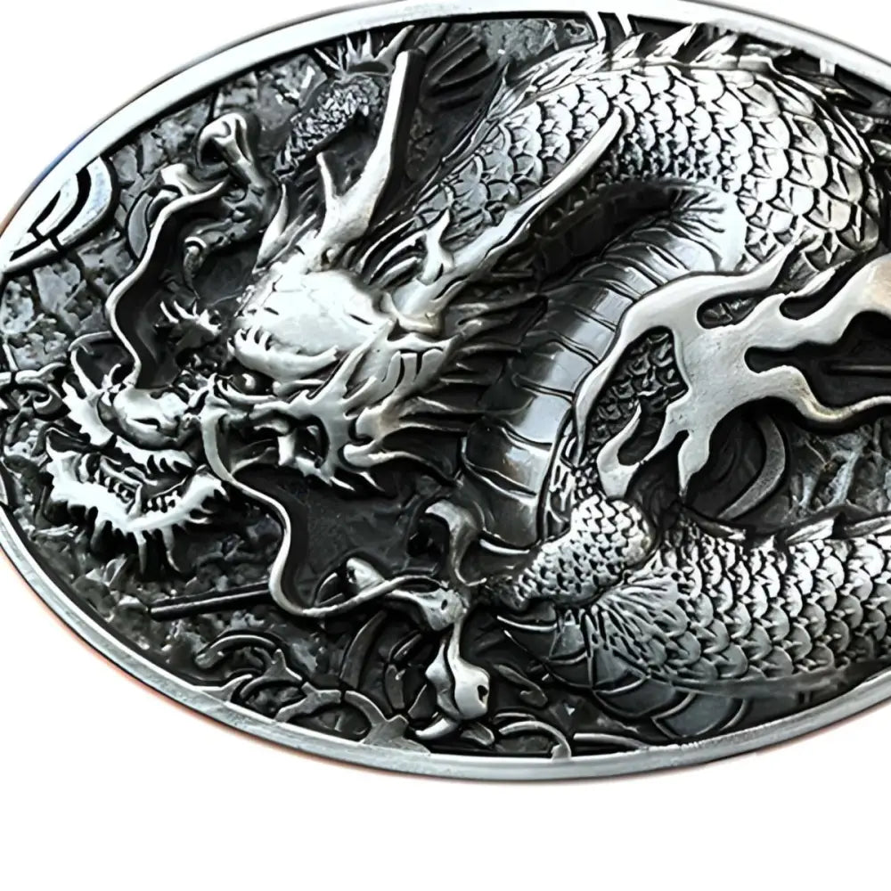 Silver dragon belt buckle with ornate detailing from Golden and Silver Dragon Belt Buckle collection