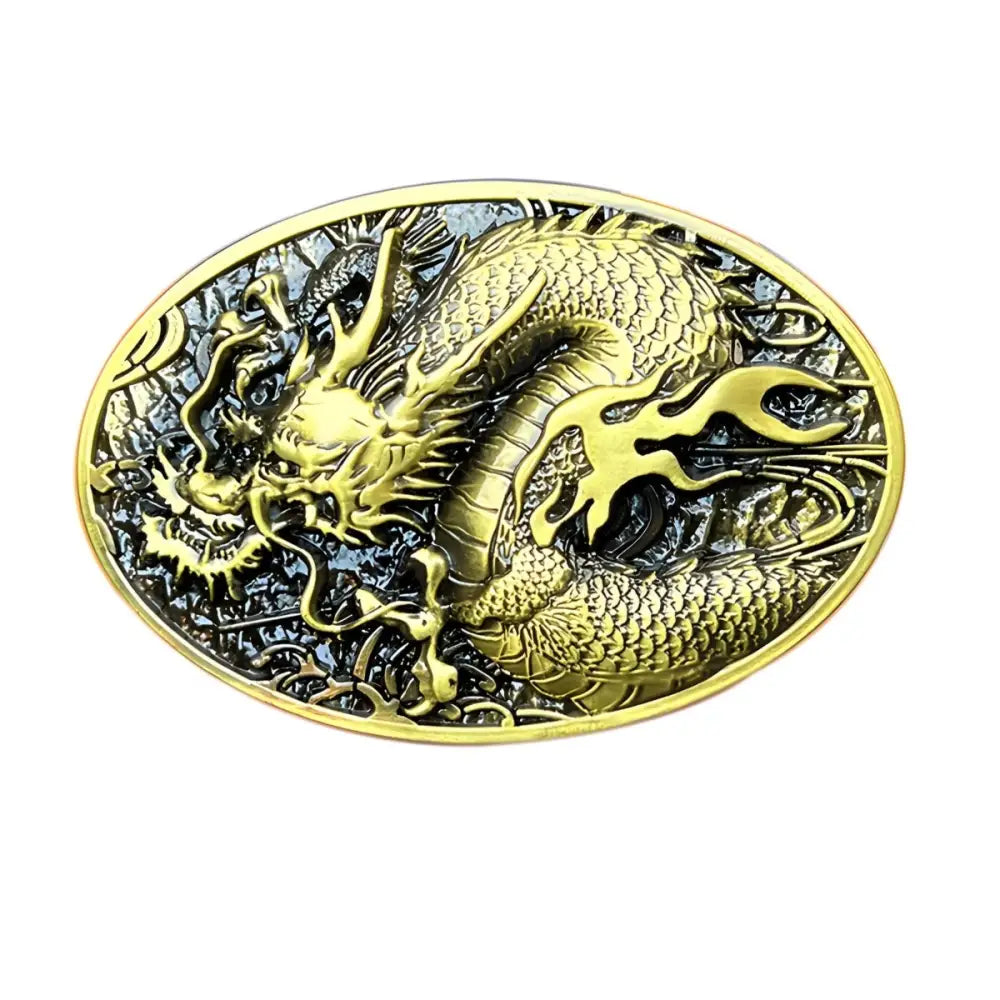 Ornate golden and silver dragon belt buckle with intricate detailing