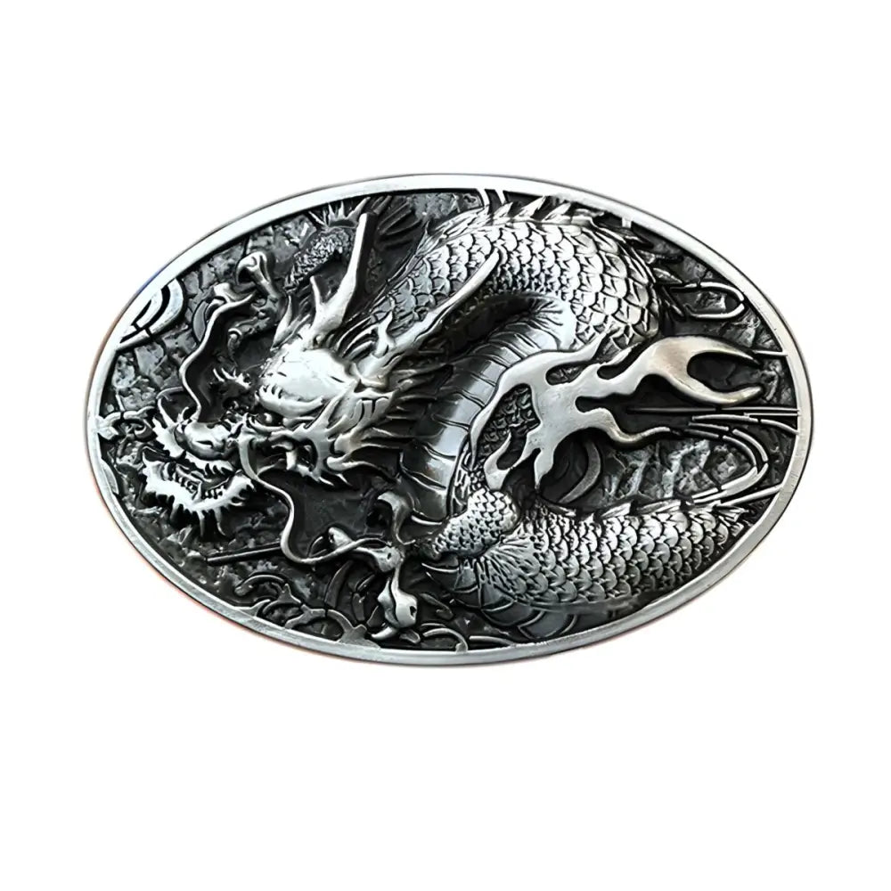 Silver dragon belt buckle with ornate detailing from Golden and Silver Dragon Belt Buckle collection
