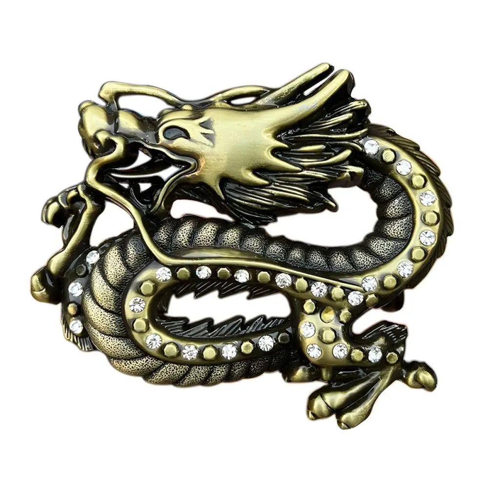 Ornate bronze-colored dragon belt buckle with embedded rhinestones for elegant accessories