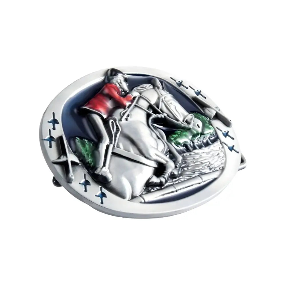 Silver belt buckle with Horse and Rider design from the Equestrian Jumping Obstacle collection