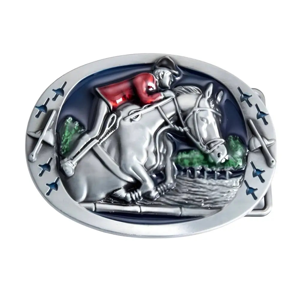 Elegant Equestrian-themed belt buckle featuring a horse and rider jumping obstacle