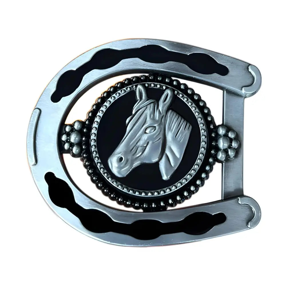 Silver horse head and horseshoe belt buckle for Western style boots