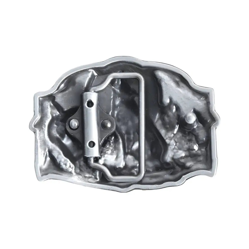 Silver belt buckle back featuring a Silver Wolf and Moon design for elegant style