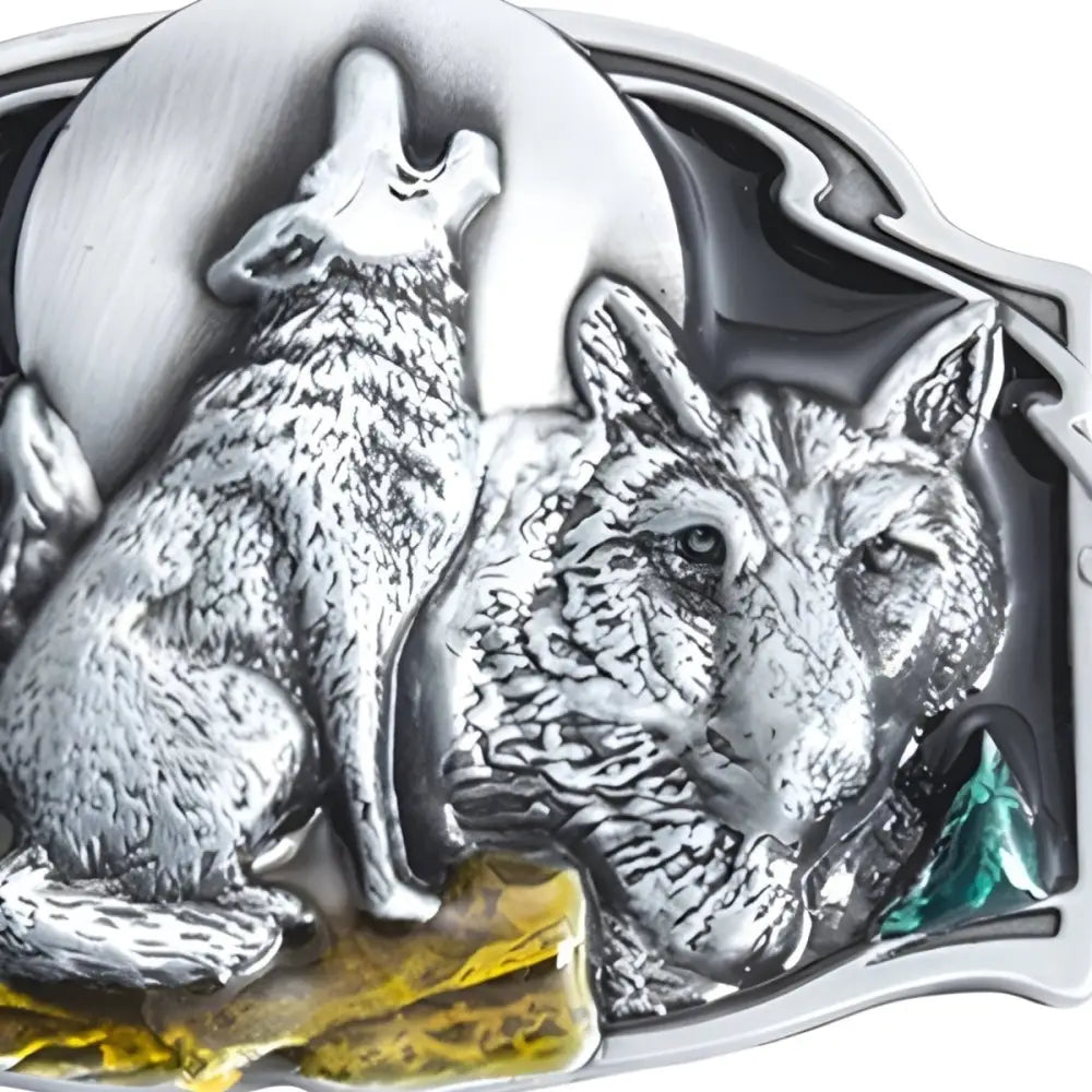 Silver wolf belt buckle for elegant style showcased on Silver Wolf and Moon Belt Buckle product