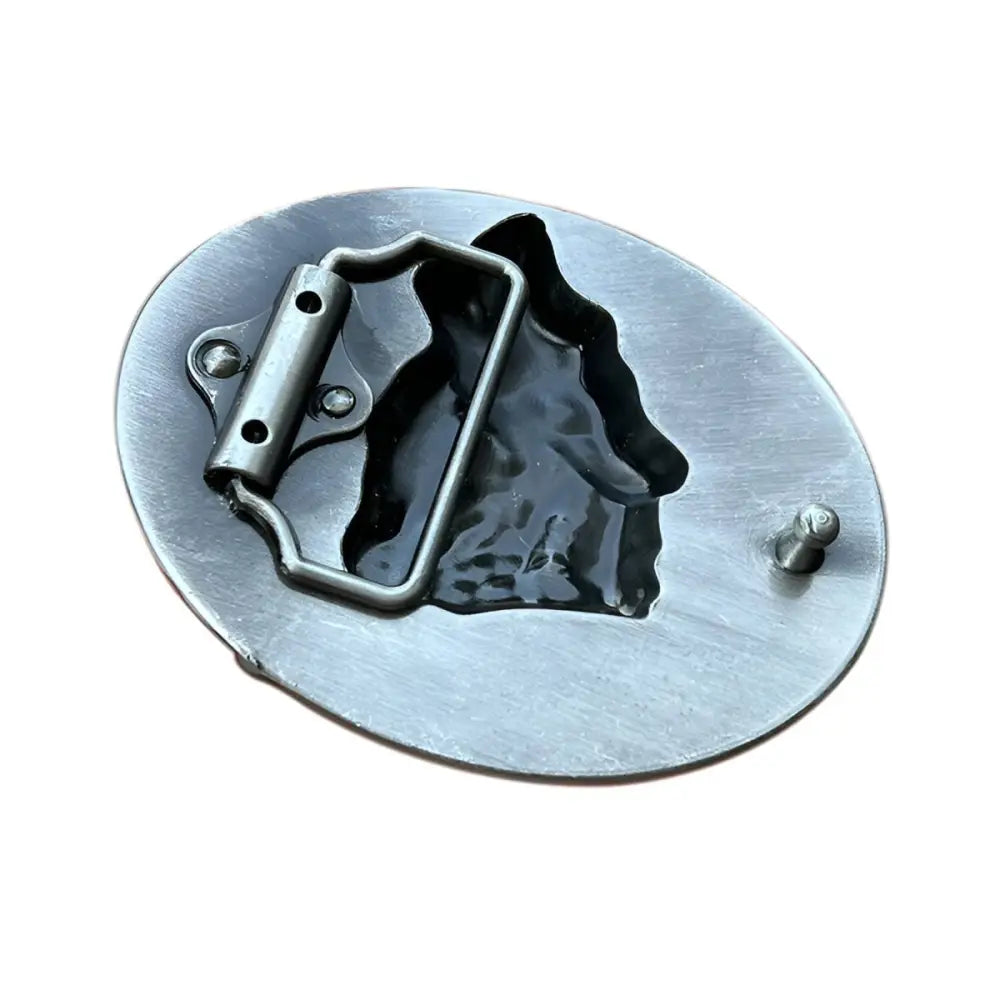 Silver Wolf Belt Buckle with Howling Wolf Design showing the back of the belt buckle