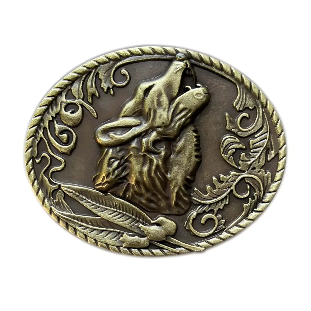 Oval silver belt buckle featuring a howling wolf design for a stylish accessory