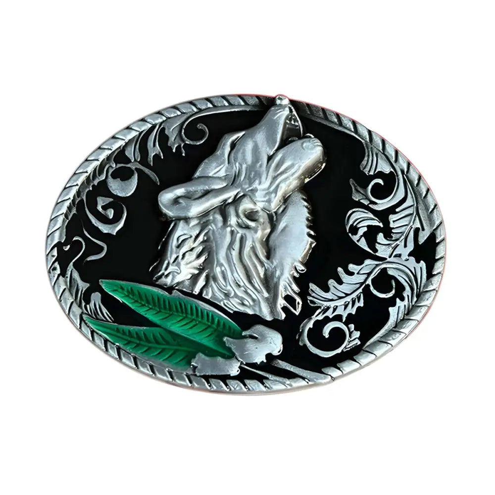 Oval belt buckle featuring a silver howling wolf design for stylish accessories