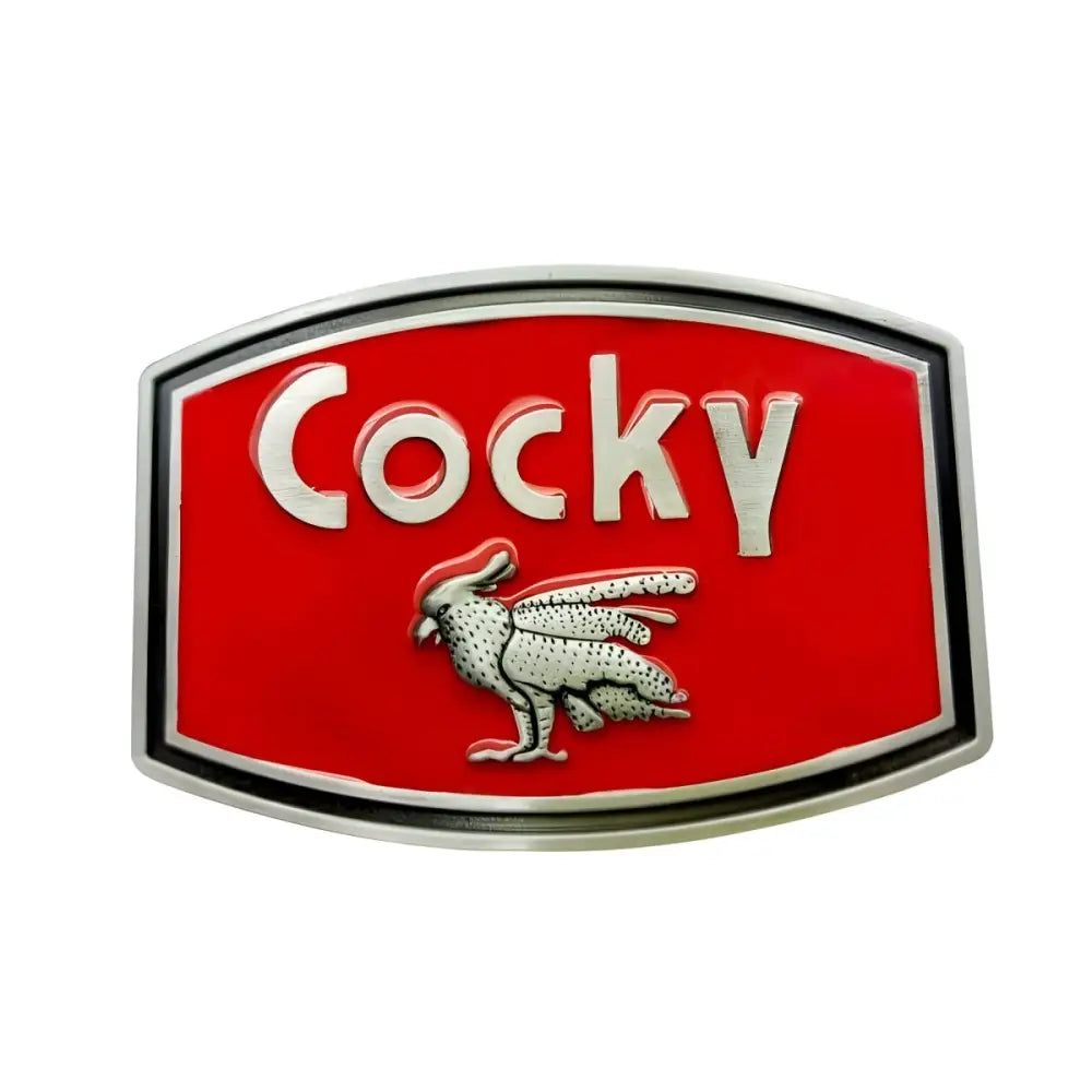 Red and silver Cocky emblem belt buckle design for fashionable accessories