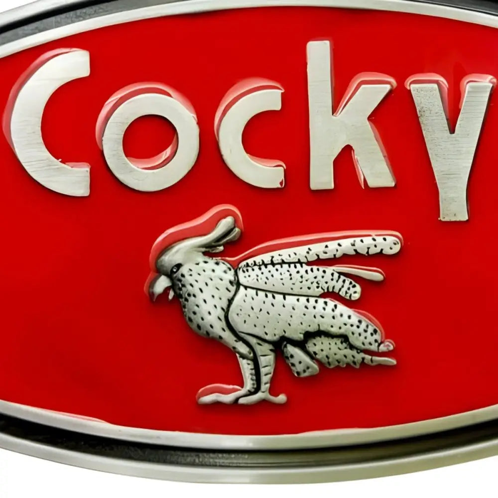 Red and silver Cocky belt buckle featuring an emblem design for stylish accessories