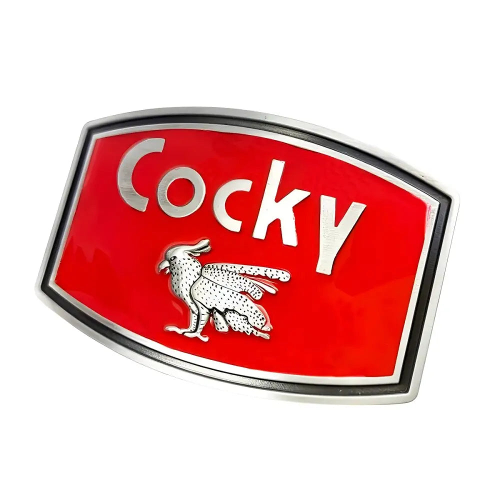 Red and silver Cocky belt buckle featuring emblem design for stylish accessories