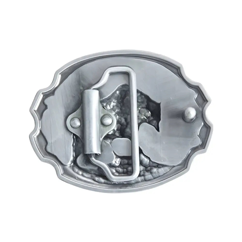 Silver-colored belt buckle featuring a bear design, perfect for men or women
