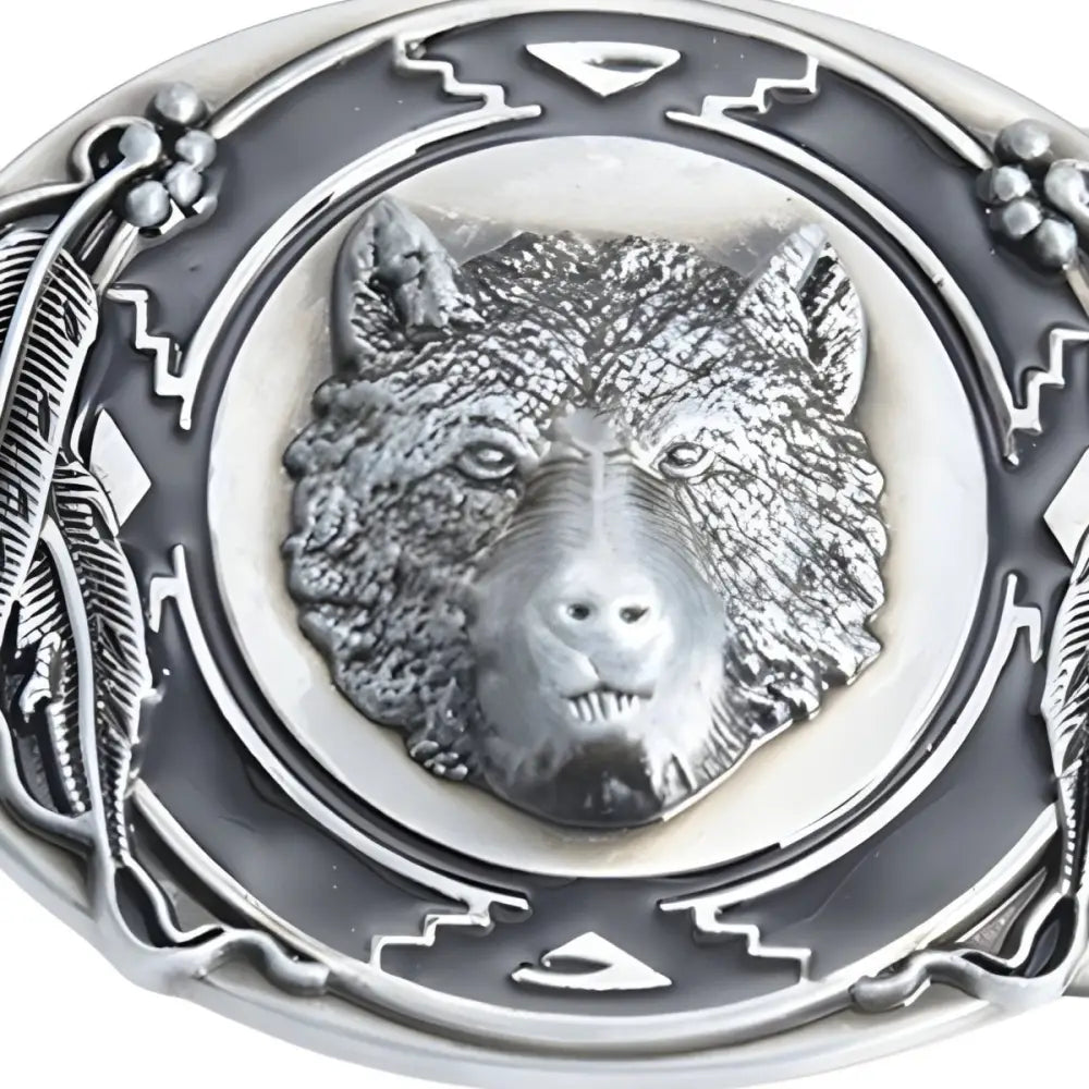 Silver wolf head belt buckle designed for leather or fabric belts for a stylish look