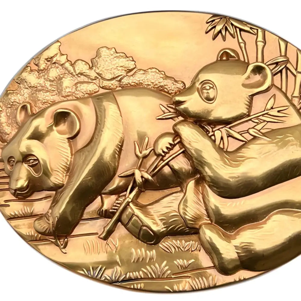 Golden panda relief belt buckle featuring intricate panda design craftsmanship