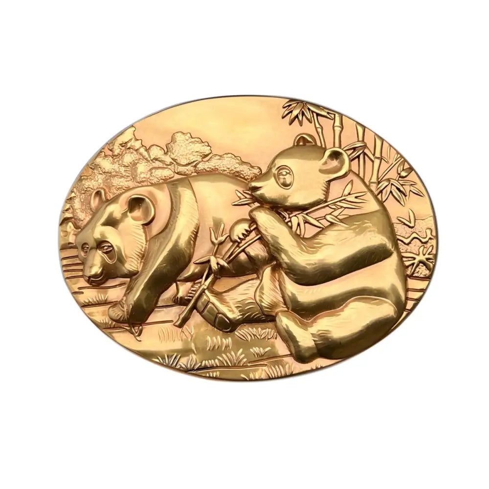 Golden panda relief belt buckle featuring intricate panda designs for elegant accessories