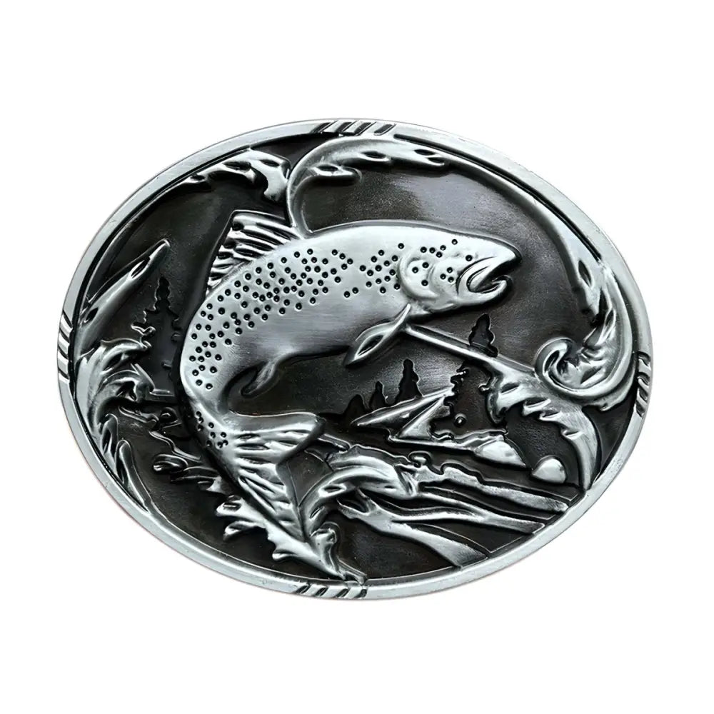 Oval belt buckle featuring a leaping trout design in silver Fish Relief style