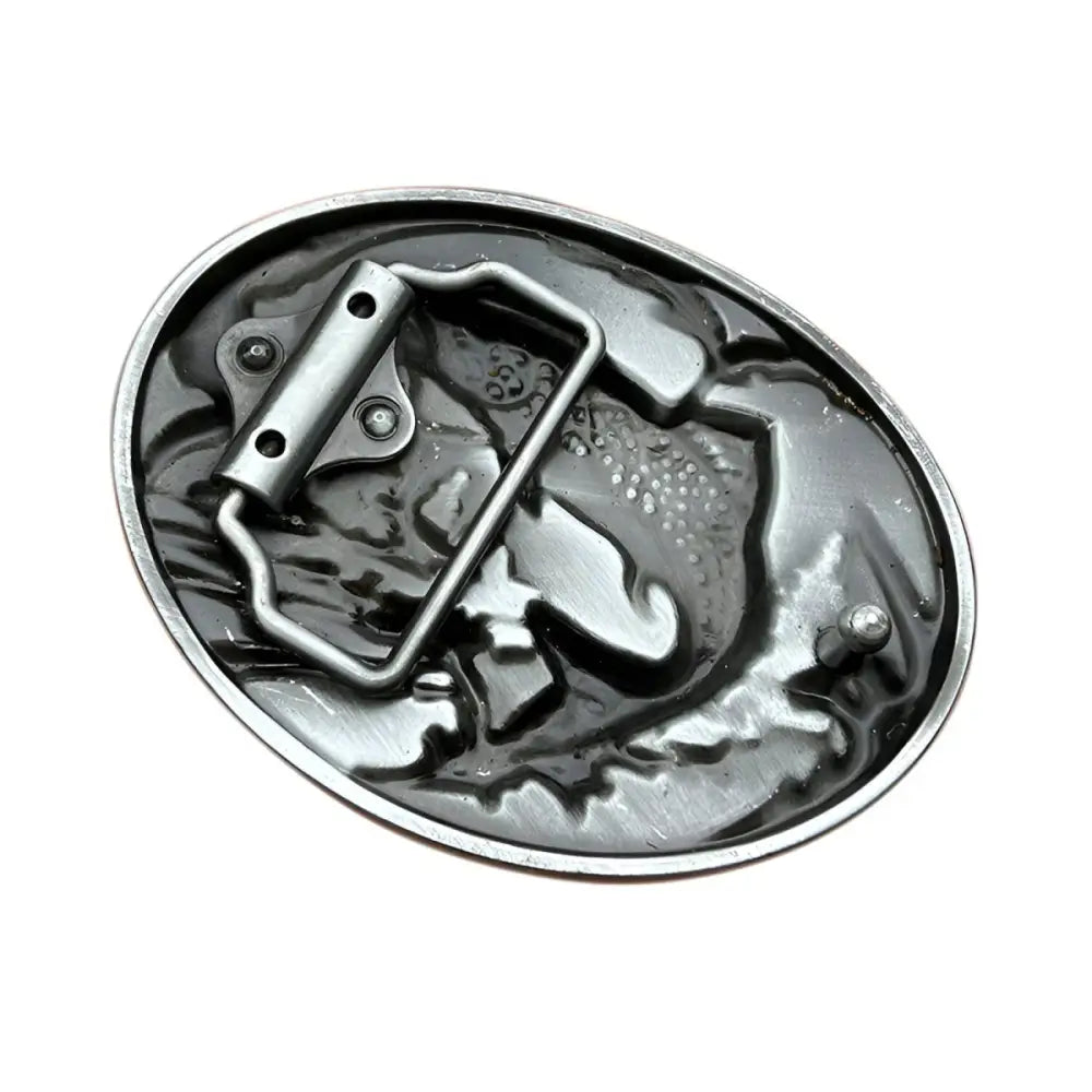 Metal belt buckle back of Silver Fish Relief Belt Buckle with Leaping Trout Design