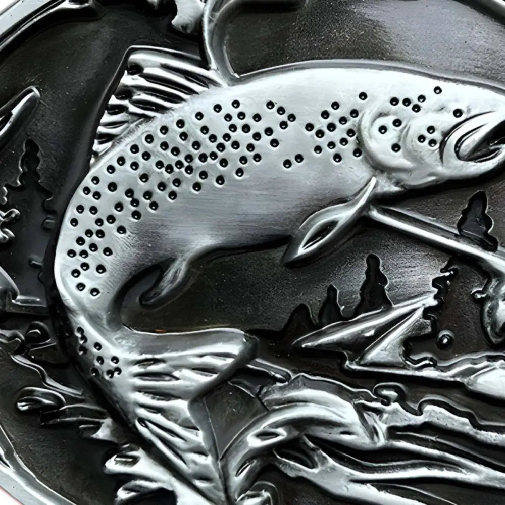 Silver-colored fish relief belt buckle featuring a leaping Trout design for stylish accessories