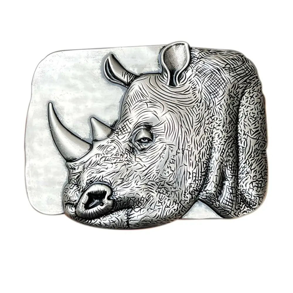Silver rhino head belt buckle for unique leather accessories showing detailed design