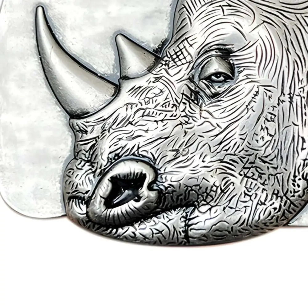 Silver Rhino Head Belt Buckle for Unique Leather Accessories showcasing intricate design