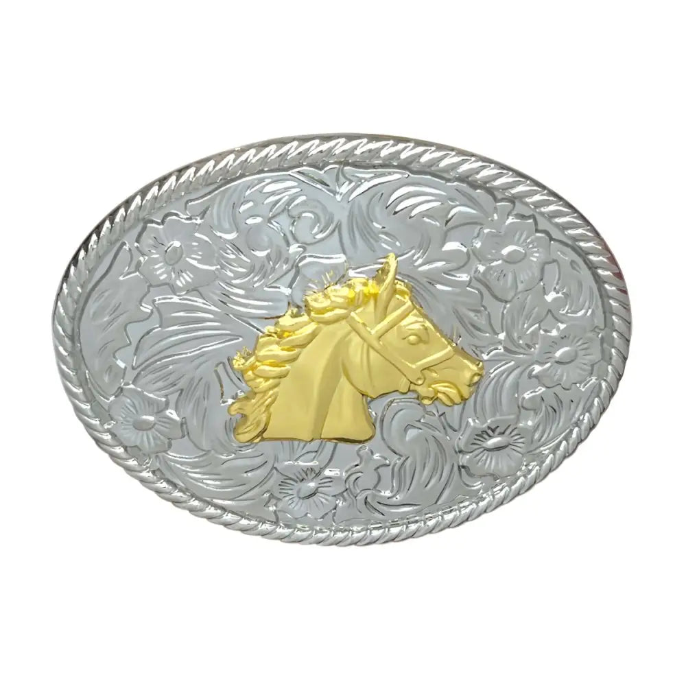 Oval belt buckle featuring a gold horse head with a silver floral background for elegant styling
