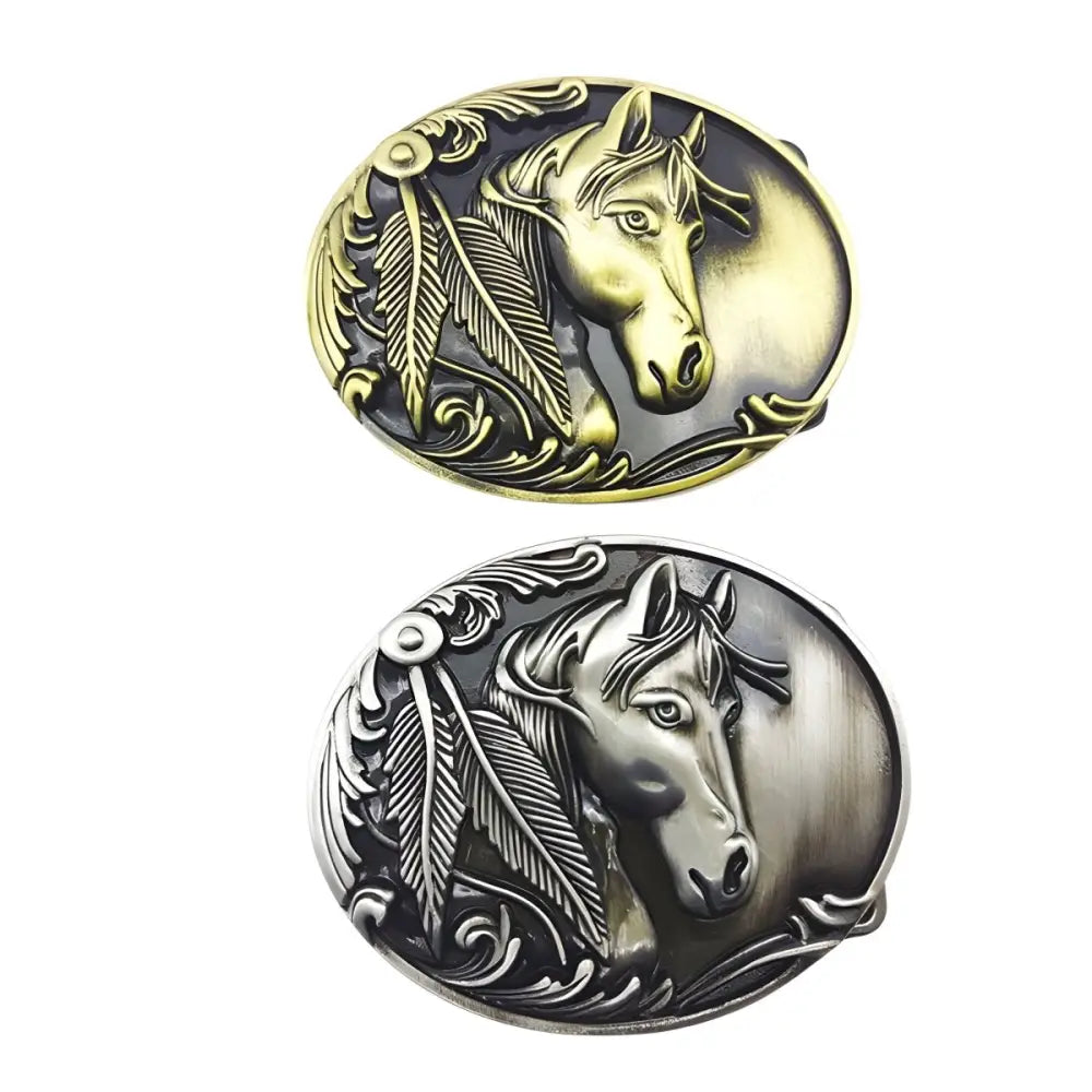 Horse Theme Belt Buckles featuring the Hank Model Design with two horse-themed belt buckles