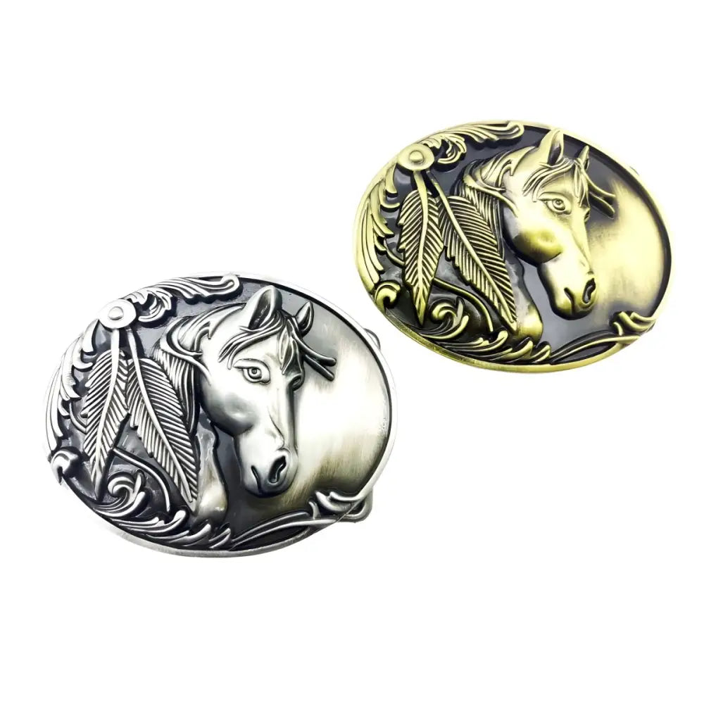 Two horse-themed belt buckles featuring the Hank Model design for stylish accessories