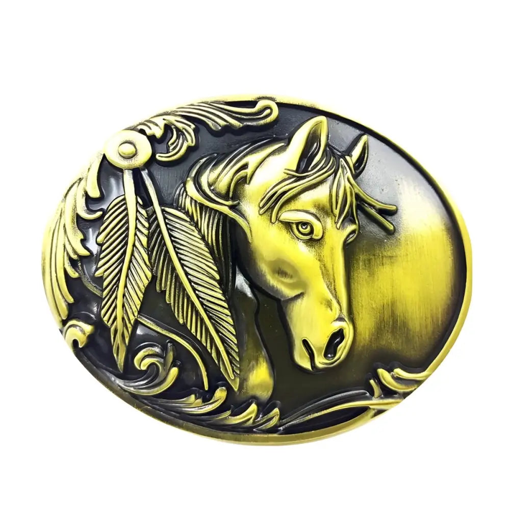 Oval horse head belt buckle featuring the Hank Model design for horse theme accessories