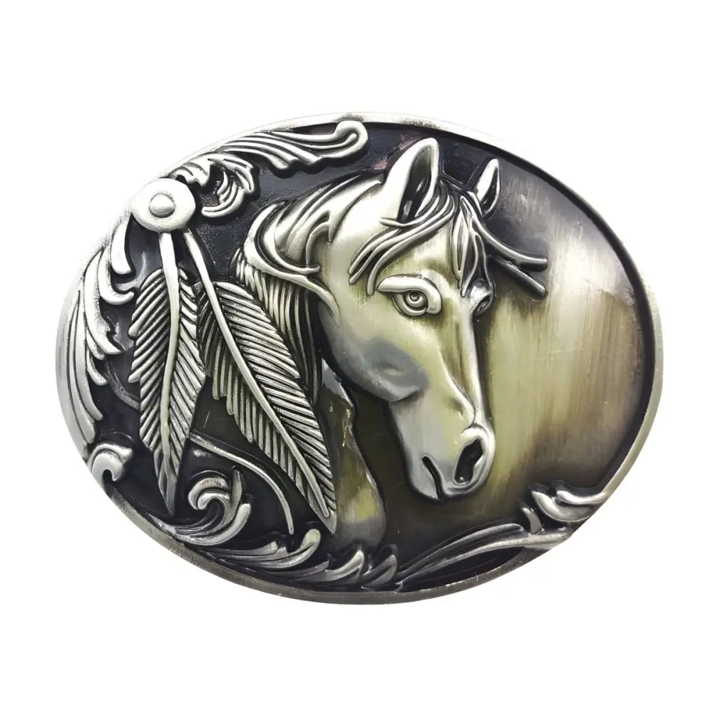 Oval horse head belt buckle featuring the Hank Model design for Western fashion