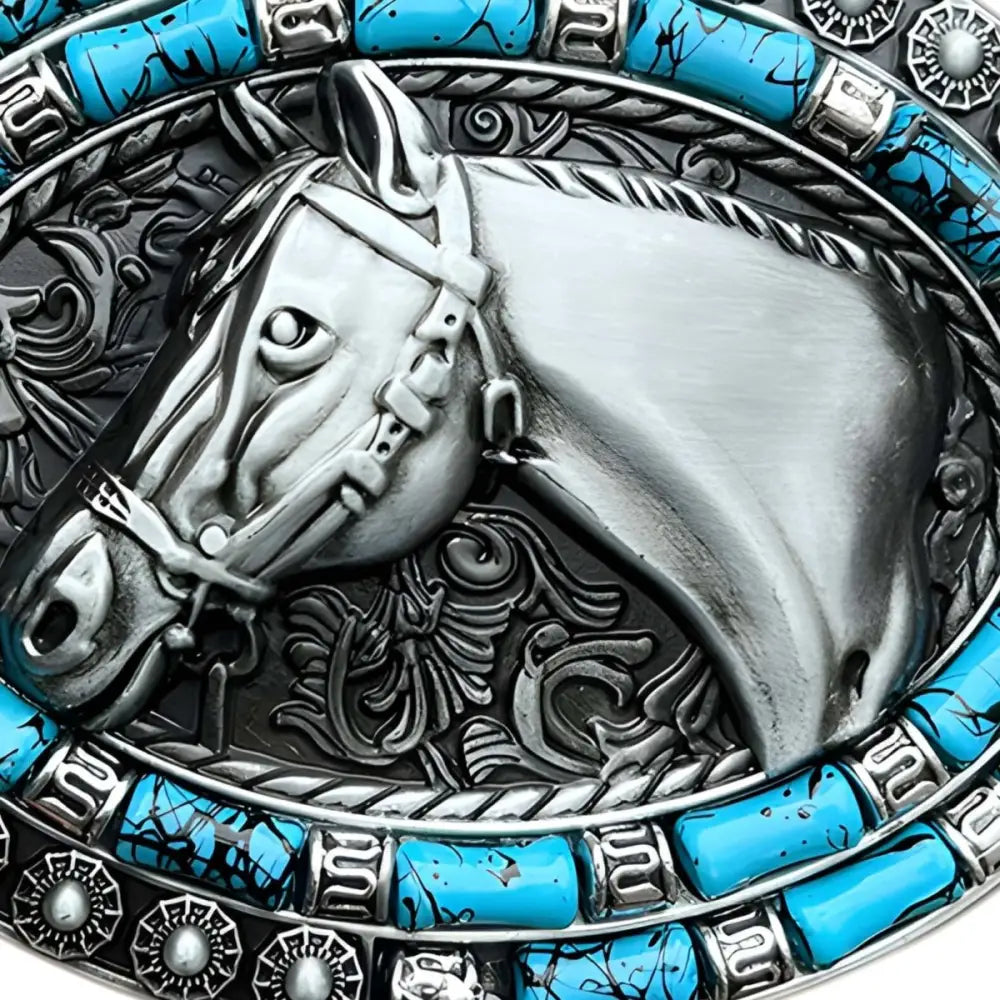 Silver horse head belt buckle with turquoise accents for Western and Equestrian styles
