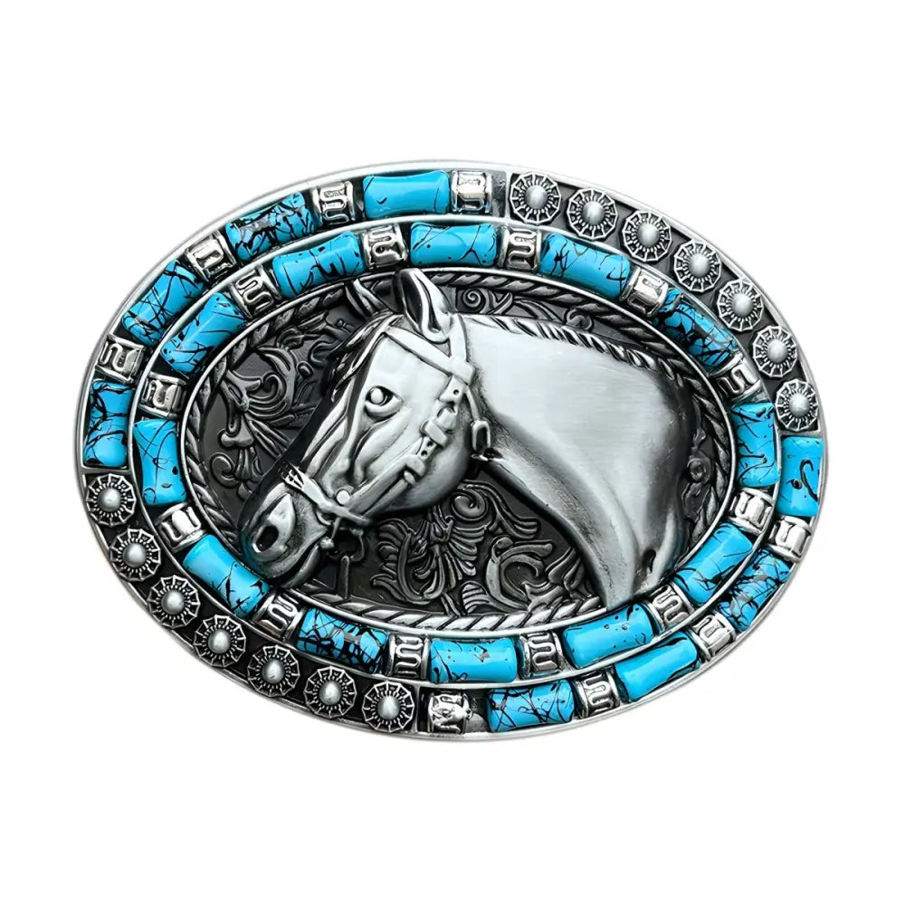 Oval belt buckle with horse head design and turquoise accents for Western and Equestrian styles