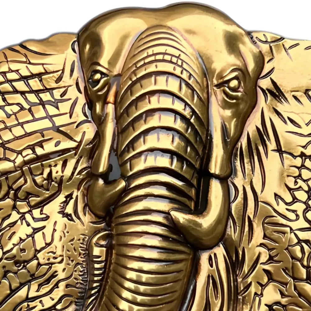 Golden elephant head relief on a belt buckle from Gold and Silver Elephant Belt Buckles collection