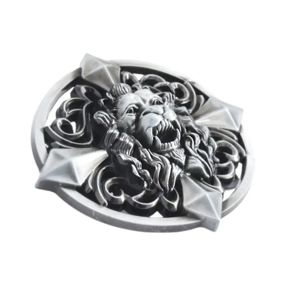 Silver lion head belt buckle with ornate emblem for an elegant style accessory