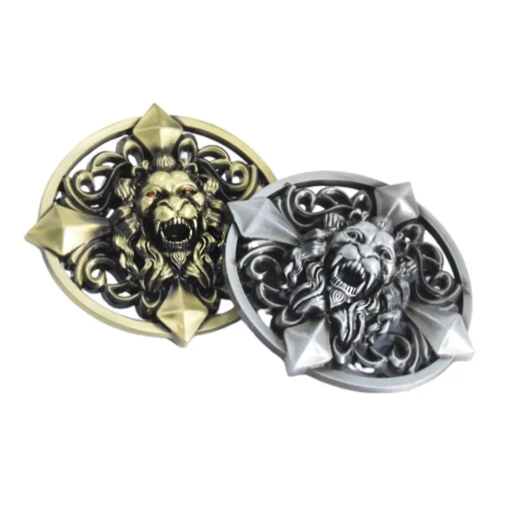 Silver Lion Head Belt Buckle with Ornate Emblem for Elegant Style showing two belt buckles