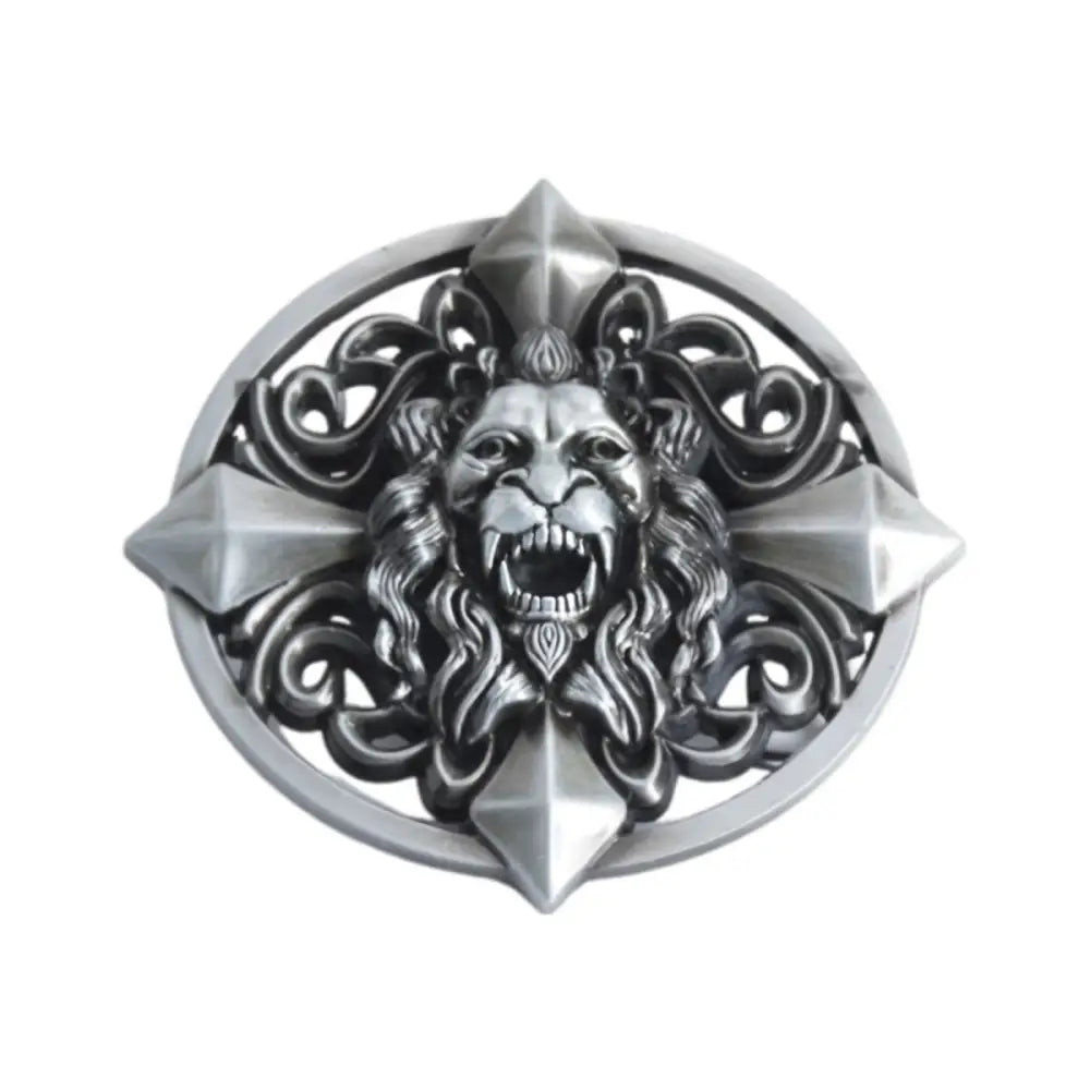Silver lion head belt buckle with ornate emblem for elegant style and luxury fashion