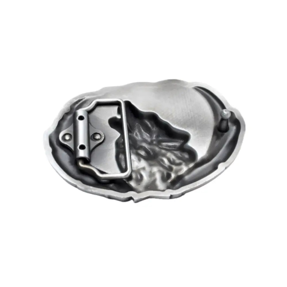 Silver wolf belt buckle featuring a howling wolf design for the Wolf Howling at the Moon product