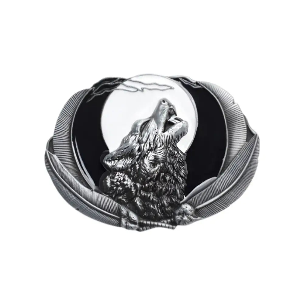 Wolf howling at the moon belt buckle displayed on the product Wolf Howling at the Moon Belt Buckle