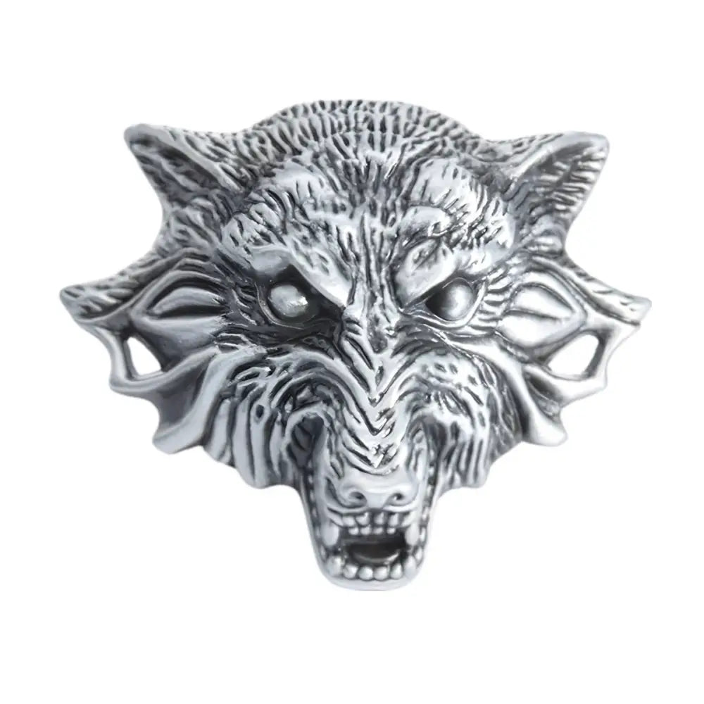 Silver wolf head belt buckle for men and women with intricate silver detailing