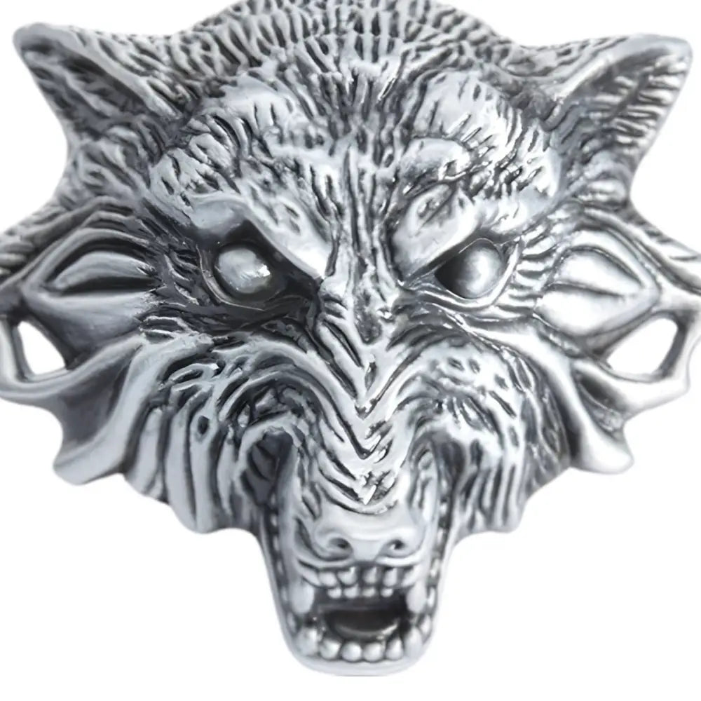Silver wolf head belt buckle for men and women showcasing intricate design and craftsmanship