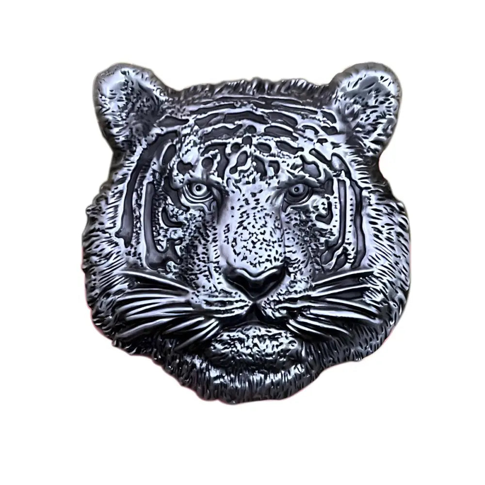 Silver tiger head belt buckle for stylish accessories, crafted with detailed design