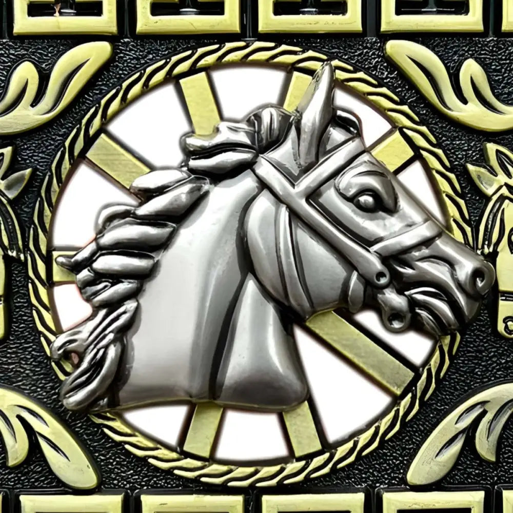 Silver horse head emblem on ornate triple horse heads belt buckle for equestrian fashion