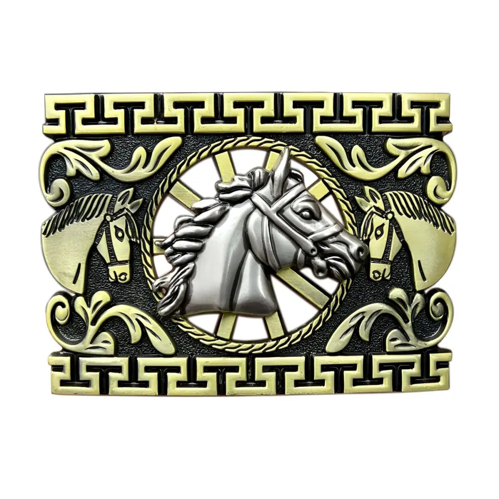Ornate silver belt buckle featuring triple horse heads design for equestrian accessories