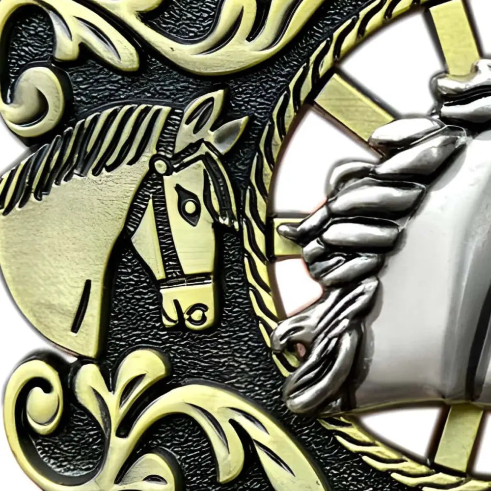 Silver belt buckle featuring ornate triple horse heads and wheel design