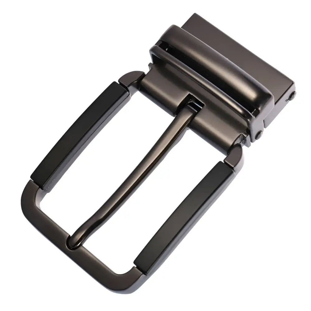Chrome belt buckle with black accents and silver finish, crafted for durable style